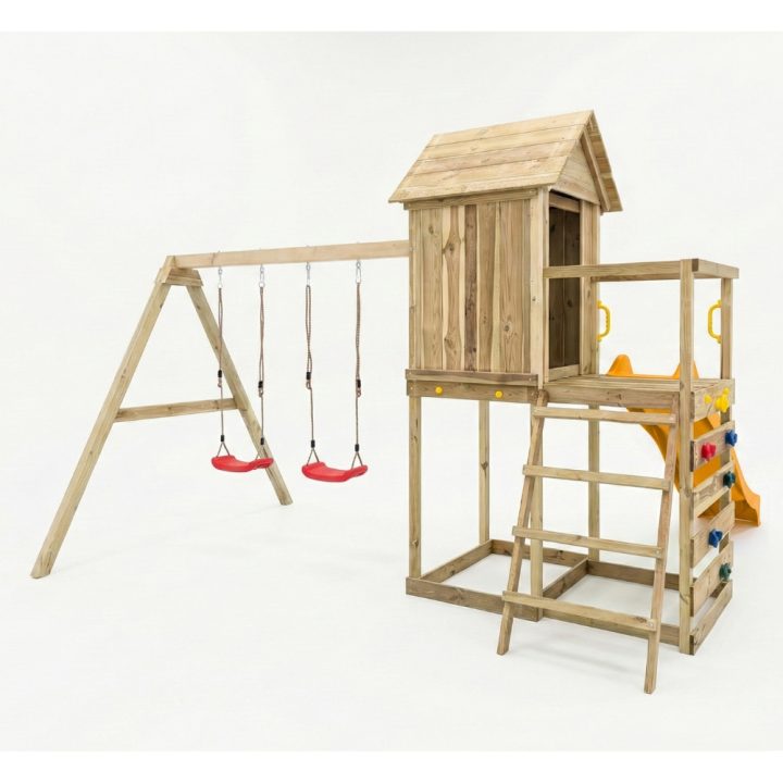 Casita elevada de madera Maxplay 5 con tobogán amarillo, doble columpio y escalada