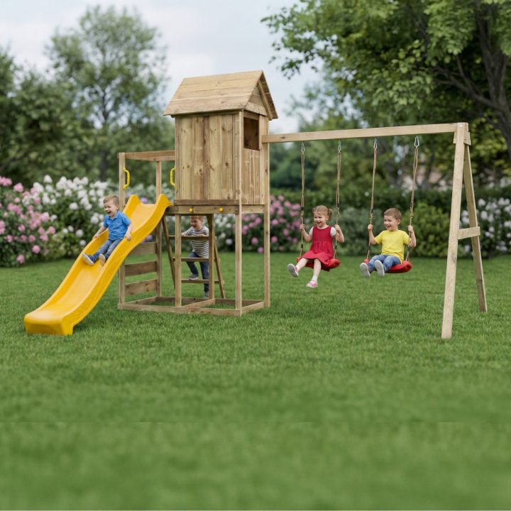 Casita elevada de madera Maxplay 5 con tobogán amarillo, doble columpio y escalada