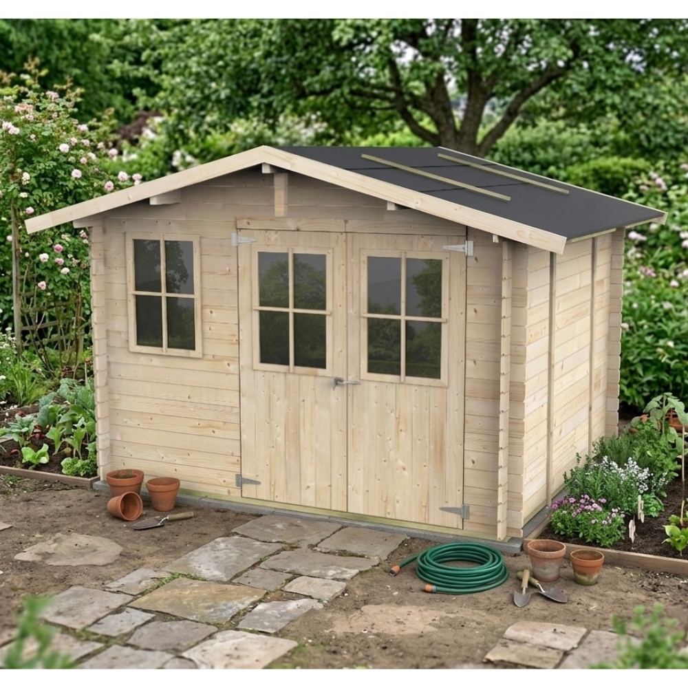 Caseta de jardín de madera Olivia 3x2,5 m Blockhouse 25 mm con suelo, puerta doble con ventana y ventana