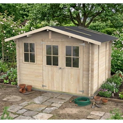 Caseta de jardín de madera Olivia 3x2,5 m Blockhouse 25 mm con suelo, puerta doble con ventana y ventana