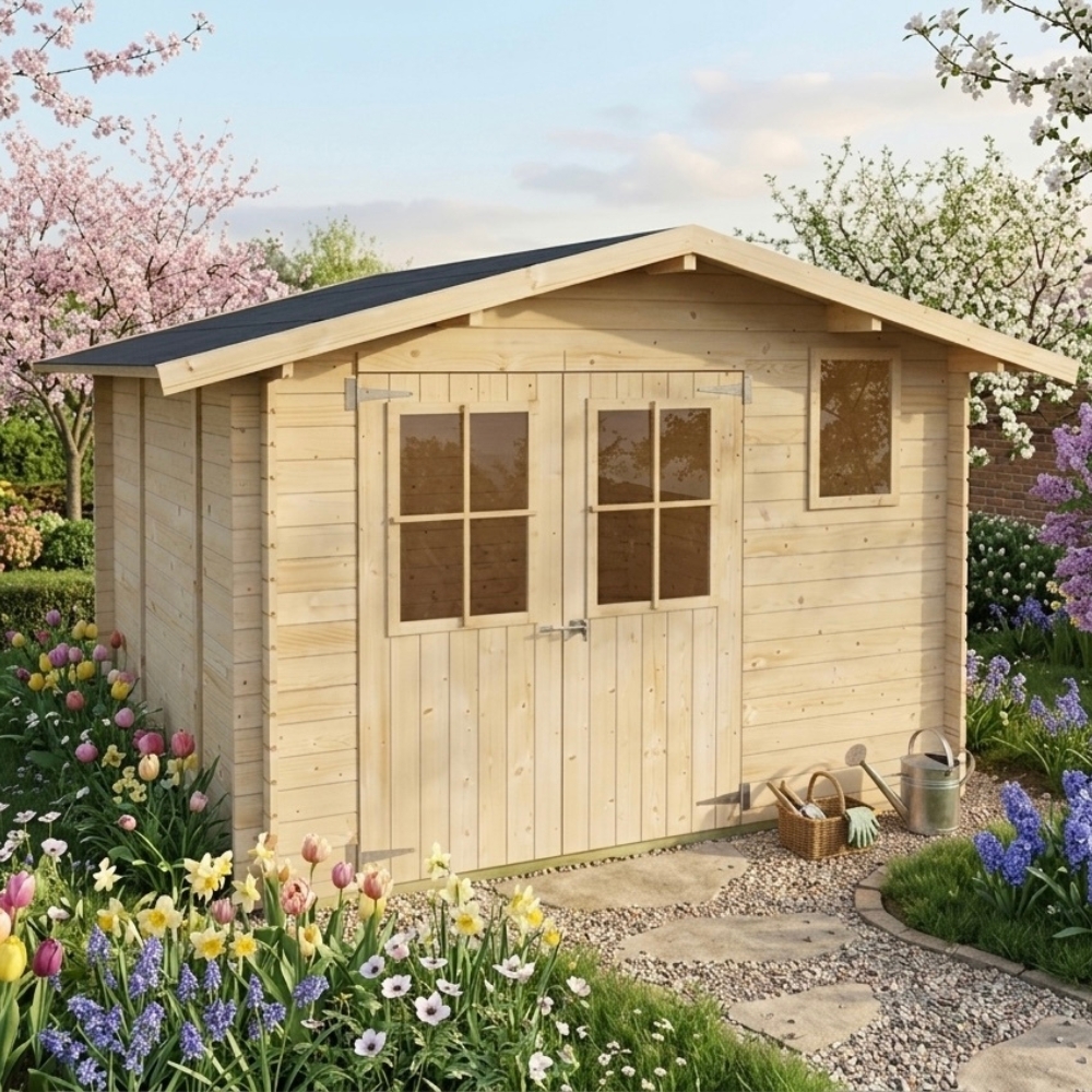 Caseta de jardín de madera Matilde 3x3 m Blockhouse 25 mm con suelo, puerta doble con ventana y ventana