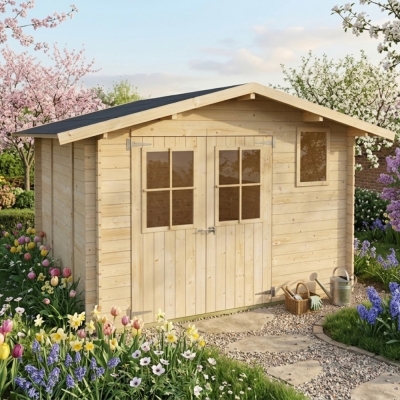 Caseta de jardín de madera Matilde 3x3 m Blockhouse 25 mm con suelo, puerta doble con ventana y ventana