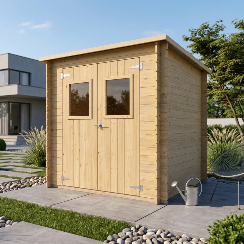 Caseta de madera adosada Arthur 2x2 m Blockhouse 19 mm con puerta doble con ventana