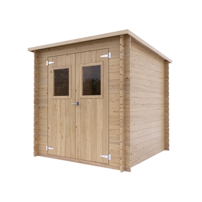 Caseta de madera adosada Arthur 2x2 m Blockhouse 19 mm con puerta doble con ventana