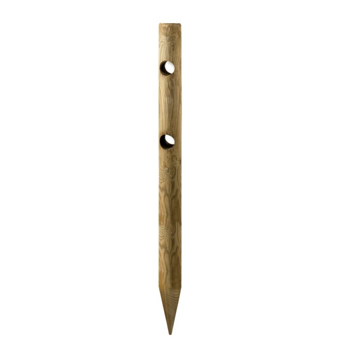 Poste redondo de madera Ø14x150 cm con punta y 2 agujeros Ø8 cm | impregnado en autoclave