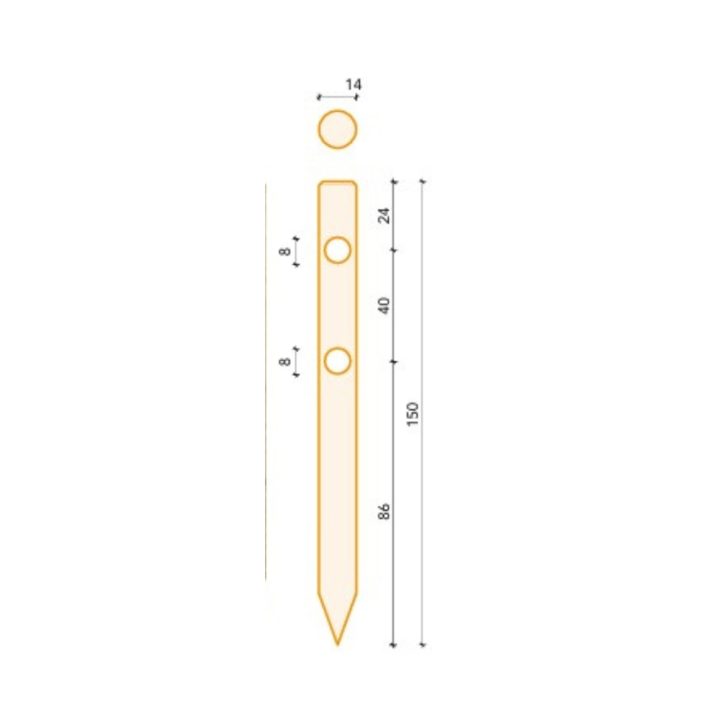 Poste redondo de madera Ø14x150 cm con punta y 2 agujeros Ø8 cm | impregnado en autoclave