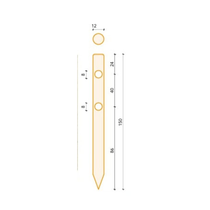Poste redondo de madera Ø12x150 cm con punta y 2 agujeros Ø8 cm | impregnado en autoclave