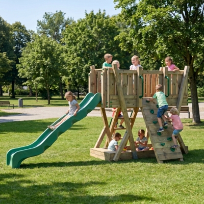 Torre de Juego FunForte 1 de Madera para Uso Público con Tobogán HDPE, Muro de Escalada y Escalera