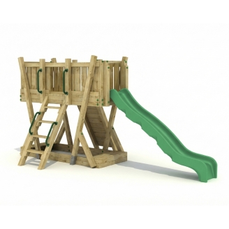 Torre de Juego FunForte 1 de Madera para Uso Público con Tobogán HDPE, Muro de Escalada y Escalera