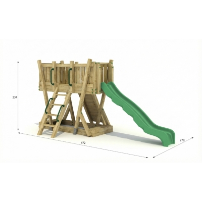 Torre de Juego FunForte 1 de Madera para Uso Público con Tobogán HDPE, Muro de Escalada y Escalera