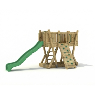 Torre de Juego FunForte 1 de Madera para Uso Público con Tobogán HDPE, Muro de Escalada y Escalera
