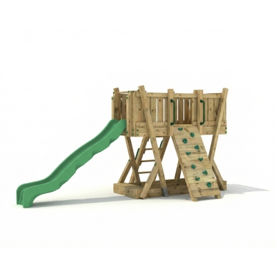 Torre de Juego FunForte 1 de Madera para Uso Público con Tobogán HDPE, Muro de Escalada y Escalera
