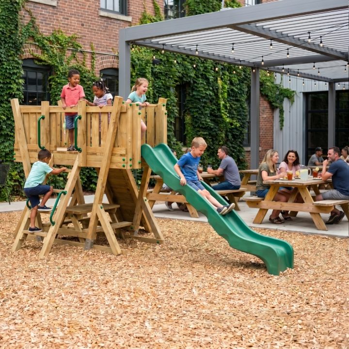 Torre de Juego FunForte 2 de Madera para Uso Público con Tobogán HDPE, Muro de Escalada y Mesa de Pícnic
