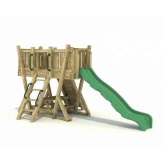 Torre de Juego FunForte 2 de Madera para Uso Público con Tobogán HDPE, Muro de Escalada y Mesa de Pícnic