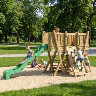 Torre de Juego FunForte 2 de Madera para Uso Público con Tobogán HDPE, Muro de Escalada y Mesa de Pícnic