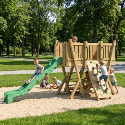 Torre de Juego FunForte 2 de Madera para Uso Público con Tobogán HDPE, Muro de Escalada y Mesa de Pícnic