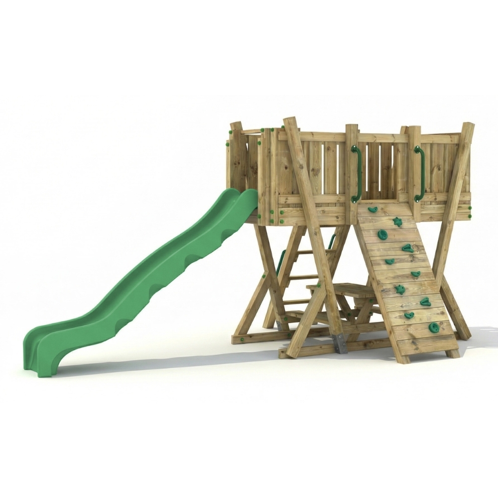 Torre de Juego FunForte 2 de Madera para Uso Público con Tobogán HDPE, Muro de Escalada y Mesa de Pícnic