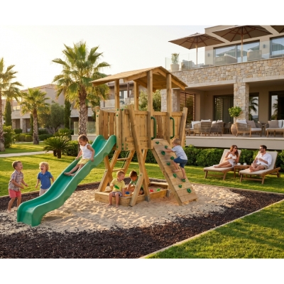 Parque Infantil de Madera FunForte 3 para Uso Público con Techo, Tobogán HDPE, Muro de Escalada y Arenero