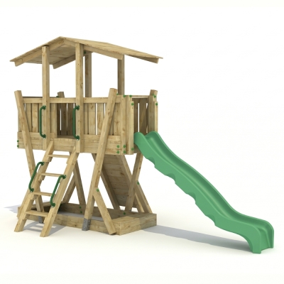 Parque Infantil de Madera FunForte 3 para Uso Público con Techo, Tobogán HDPE, Muro de Escalada y Arenero