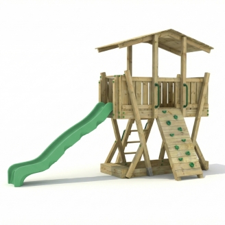Parque Infantil de Madera FunForte 3 para Uso Público con Techo, Tobogán HDPE, Muro de Escalada y Arenero