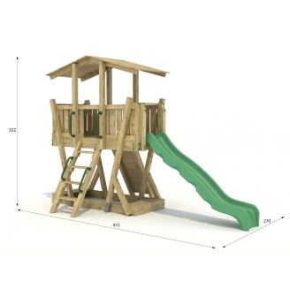 Parque Infantil de Madera FunForte 3 para Uso Público con Techo, Tobogán HDPE, Muro de Escalada y Arenero