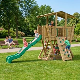 Parque Infantil FunForte 4 de Madera para Uso Público con Tobogán HDPE, Muro de Escalada y Mesa de Pícnic