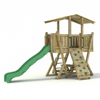 Parque Infantil FunForte 4 de Madera para Uso Público con Tobogán HDPE, Muro de Escalada y Mesa de Pícnic