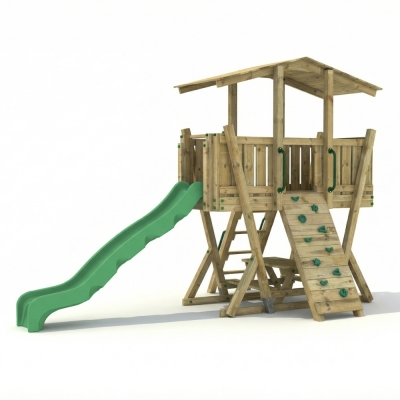 Parque Infantil FunForte 4 de Madera para Uso Público con Tobogán HDPE, Muro de Escalada y Mesa de Pícnic