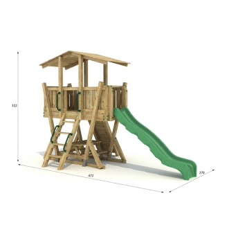 Parque Infantil FunForte 4 de Madera para Uso Público con Tobogán HDPE, Muro de Escalada y Mesa de Pícnic