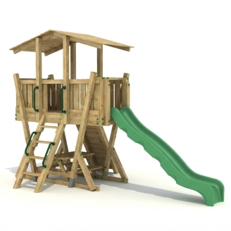 Parque Infantil FunForte 4 de Madera para Uso Público con Tobogán HDPE, Muro de Escalada y Mesa de Pícnic