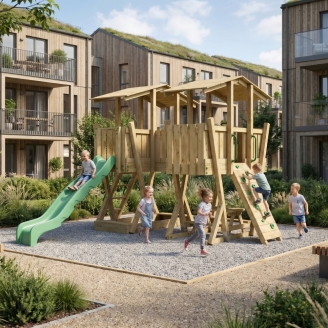 Parque Infantil FunForte 5 de Madera para Uso Público con Doble Torre, Puente, Tobogán y Arenero