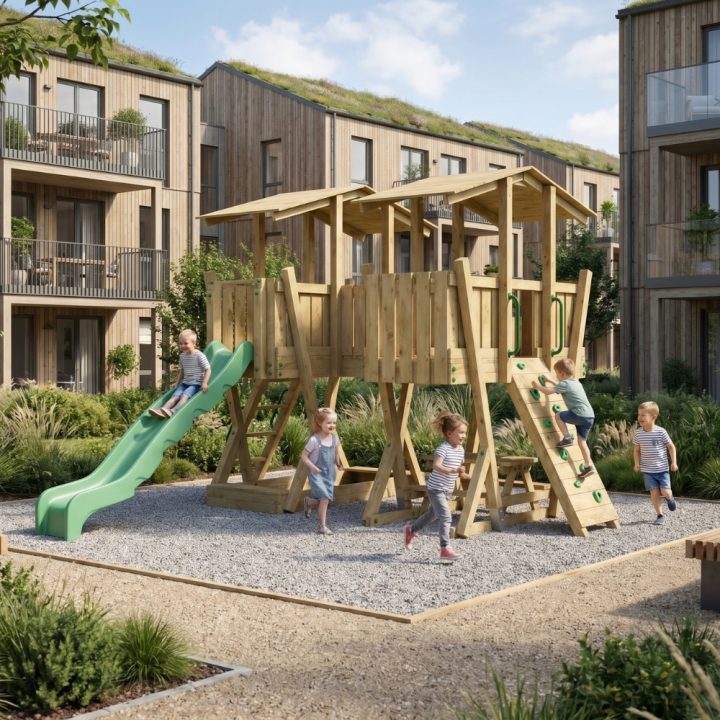 Parque Infantil FunForte 5 de Madera para Uso Público con Doble Torre, Puente, Tobogán y Arenero
