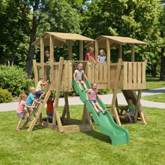 Parque Infantil FunForte 5 de Madera para Uso Público con Doble Torre, Puente, Tobogán y Arenero