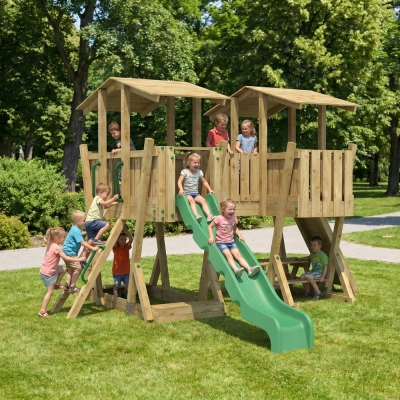Parque Infantil FunForte 5 de Madera para Uso Público con Doble Torre, Puente, Tobogán y Arenero