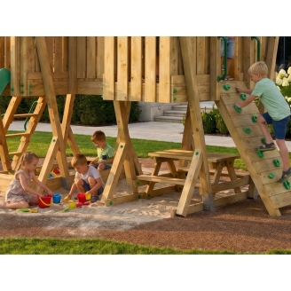 Parque Infantil FunForte 5 de Madera para Uso Público con Doble Torre, Puente, Tobogán y Arenero