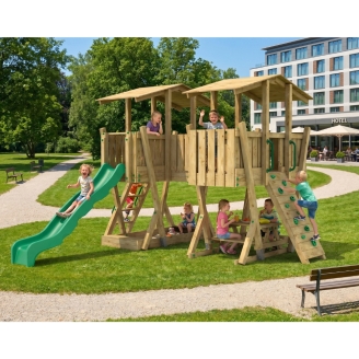 Parque Infantil FunForte 5 de Madera para Uso Público con Doble Torre, Puente, Tobogán y Arenero