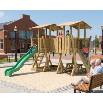 Parque Infantil FunForte 5 de Madera para Uso Público con Doble Torre, Puente, Tobogán y Arenero
