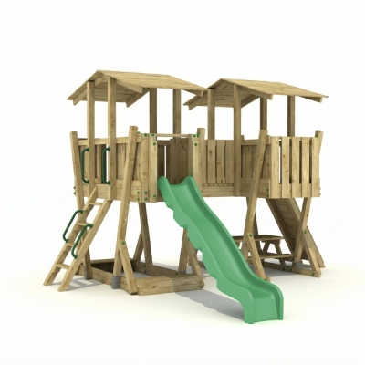 Parque Infantil FunForte 5 de Madera para Uso Público con Doble Torre, Puente, Tobogán y Arenero