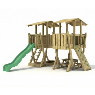 Parque Infantil FunForte 5 de Madera para Uso Público con Doble Torre, Puente, Tobogán y Arenero