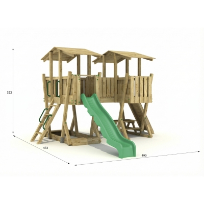 Parque Infantil FunForte 5 de Madera para Uso Público con Doble Torre, Puente, Tobogán y Arenero