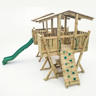 Parque Infantil FunForte 5 de Madera para Uso Público con Doble Torre, Puente, Tobogán y Arenero