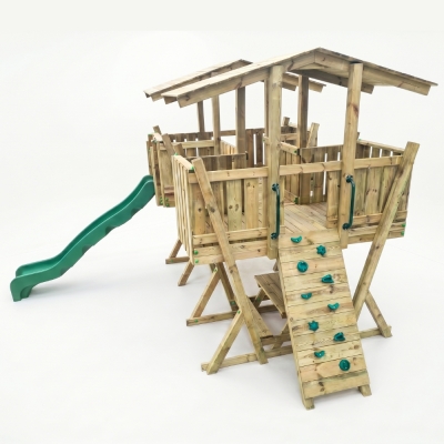 Parque Infantil FunForte 5 de Madera para Uso Público con Doble Torre, Puente, Tobogán y Arenero