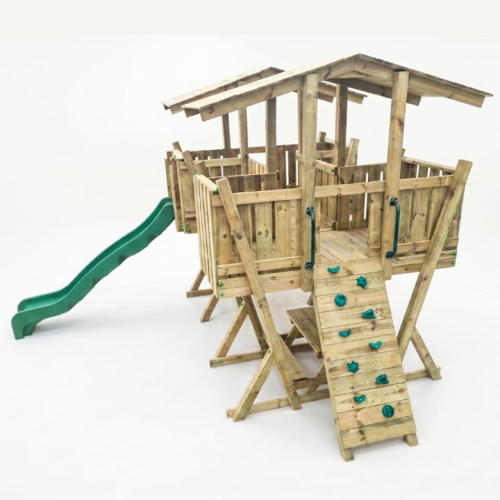 Parque Infantil FunForte 5 de Madera para Uso Público con Doble Torre, Puente, Tobogán y Arenero