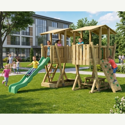 Parque Infantil FunForte 5 de Madera para Uso Público con Doble Torre, Puente, Tobogán y Arenero