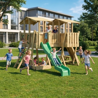 Parque Infantil FunForte 5 de Madera para Uso Público con Doble Torre, Puente, Tobogán y Arenero