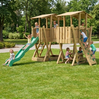 Parque Infantil FunForte 5 de Madera para Uso Público con Doble Torre, Puente, Tobogán y Arenero