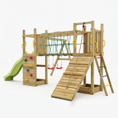 Parque infantil de madera Fungoo Maxi Exposure con tobogán, columpios, puente y estructura de escalada