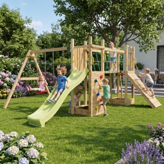 Parque infantil de madera Fungoo Maxi Exposure con tobogán, columpios, puente y estructura de escalada