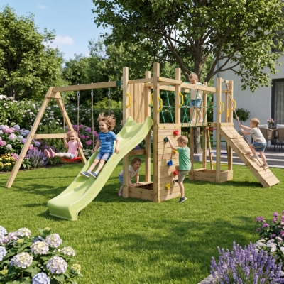 Parque infantil de madera Fungoo Maxi Exposure con tobogán, columpios, puente y estructura de escalada