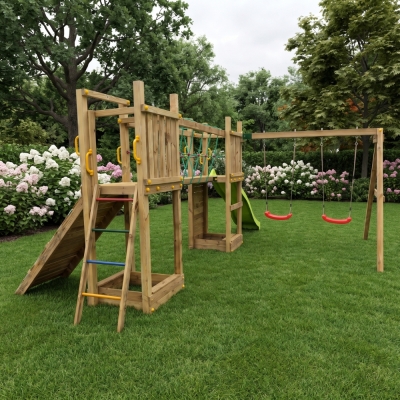 Parque infantil de madera Fungoo Maxi Exposure con tobogán, columpios, puente y estructura de escalada